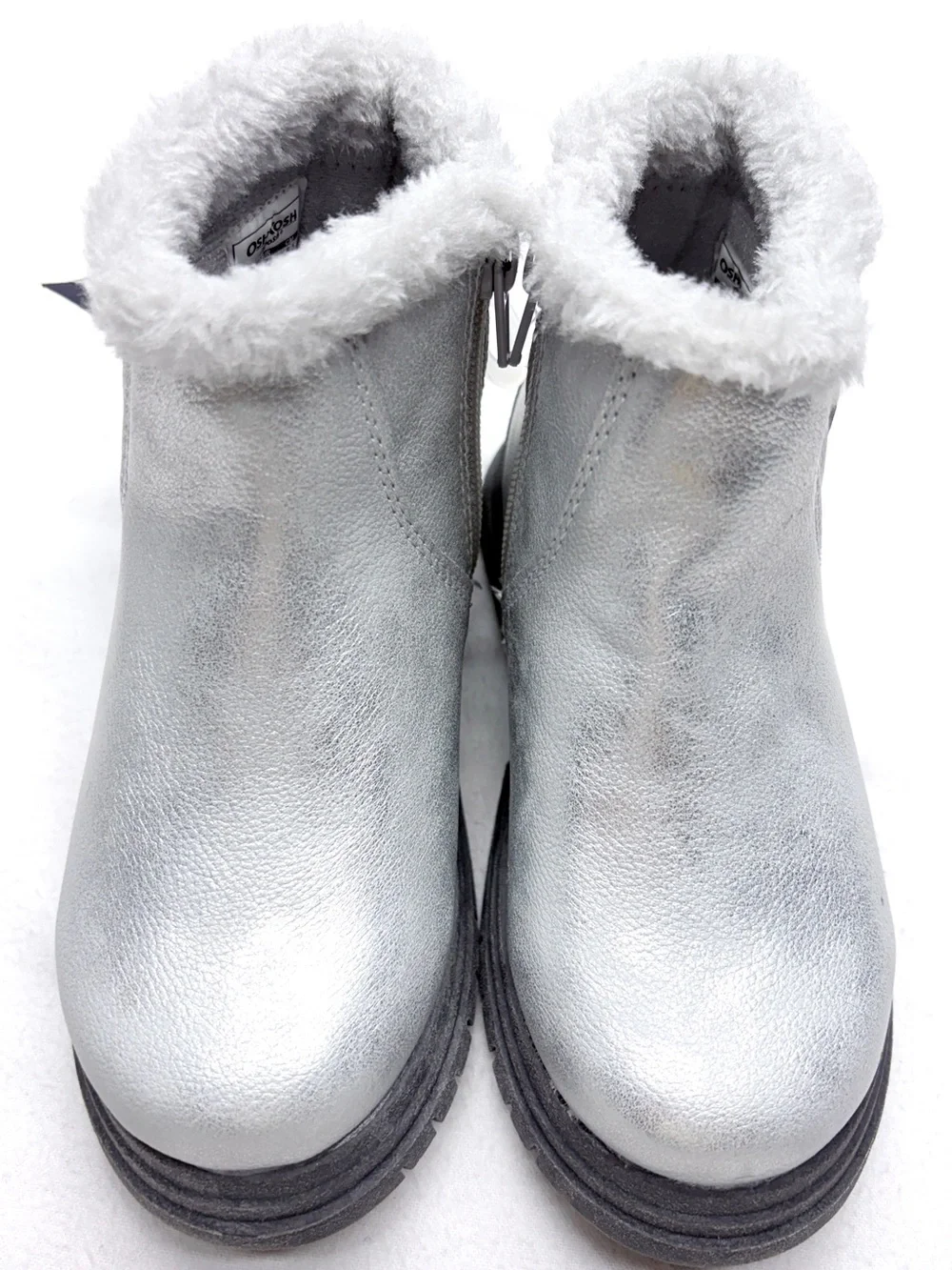 OshKosh Hazel Cozy Boots Girls 10 Silver Faux Fur Zip NWT